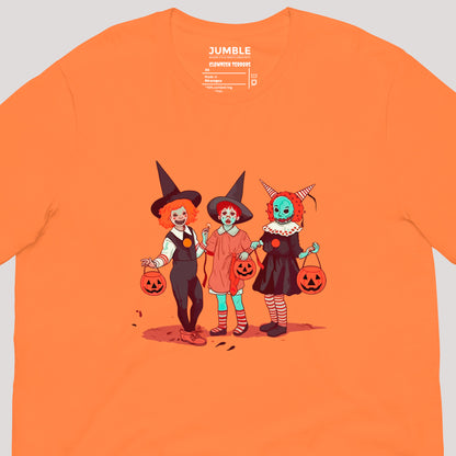 artwork on burnt orange Clownish Terrors Unisex t-shirt