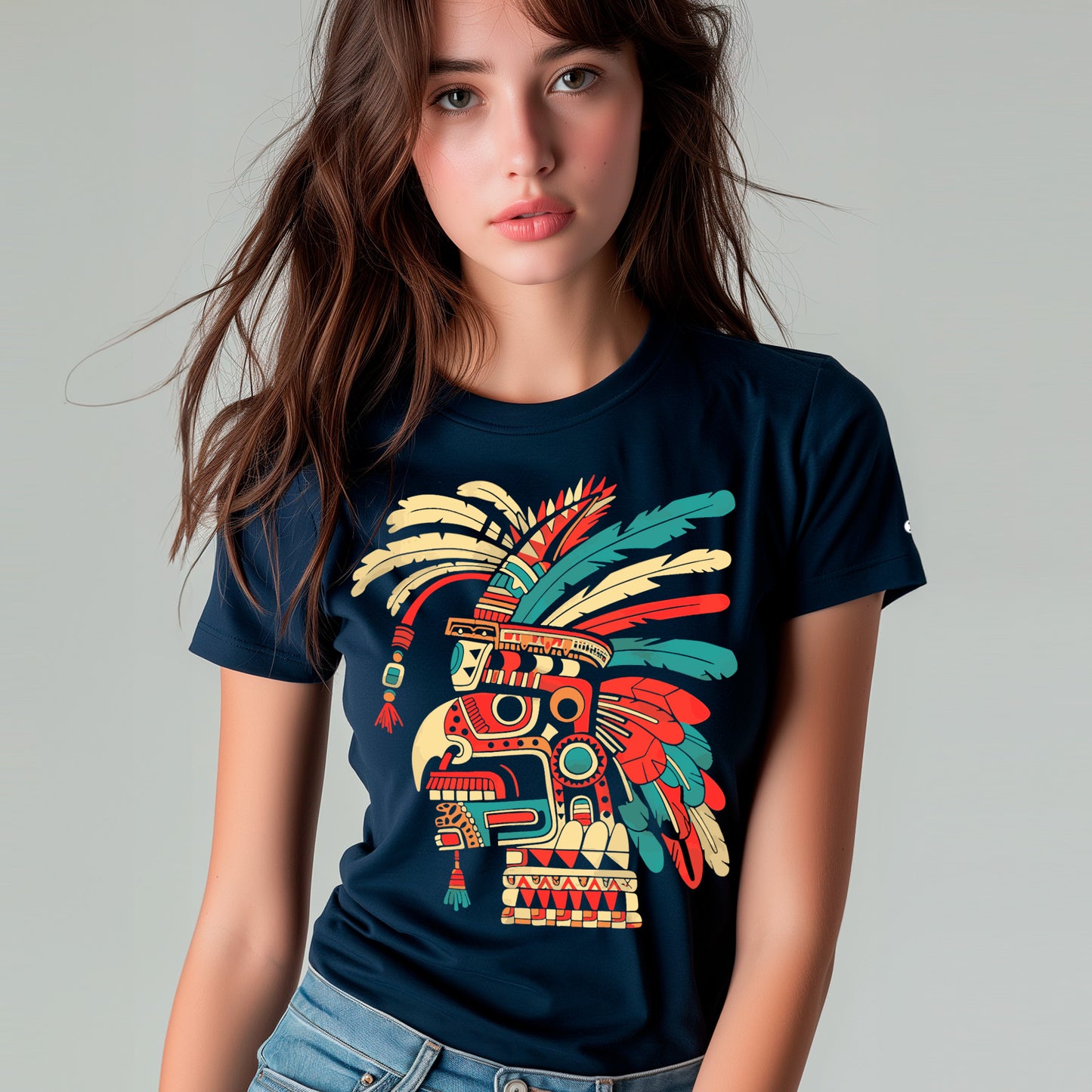 female model wearing french navy Ancient Wisdom Premium Unisex organic cotton t-shirt