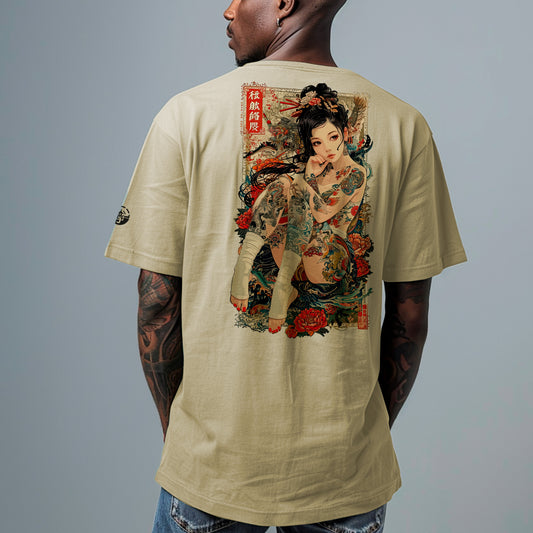 model wearing faded eucalyptus Irezumi Oversized faded t-shirt (back print)