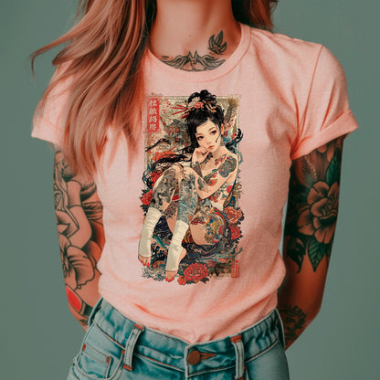 female model wearing heather prism peach  Irezumi Unisex T-Shirt