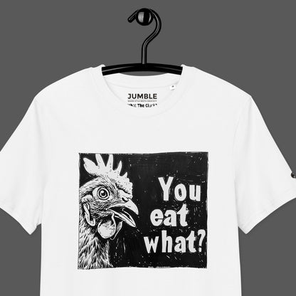 closeup What The Cluck Premium Unisex organic cotton t-shirt on hanger