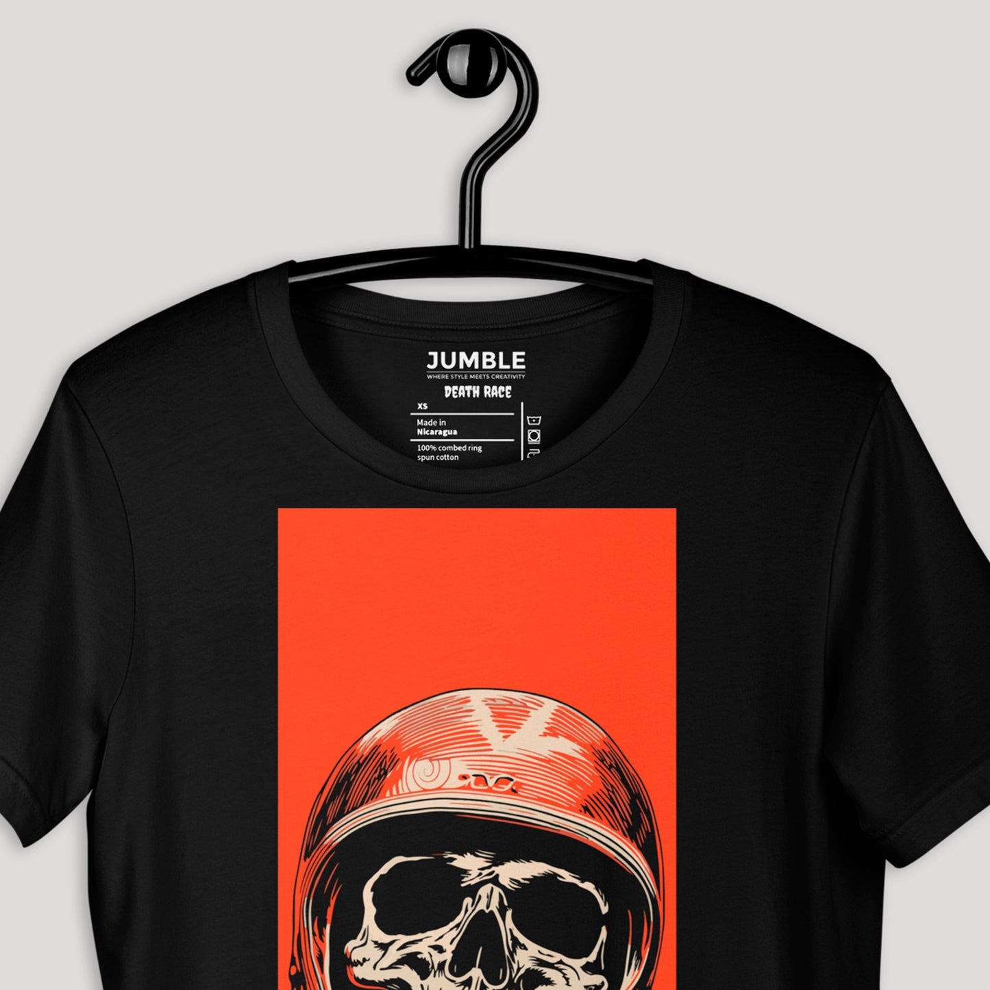 closeup of Death Race Unisex t-shirt on a a hanger