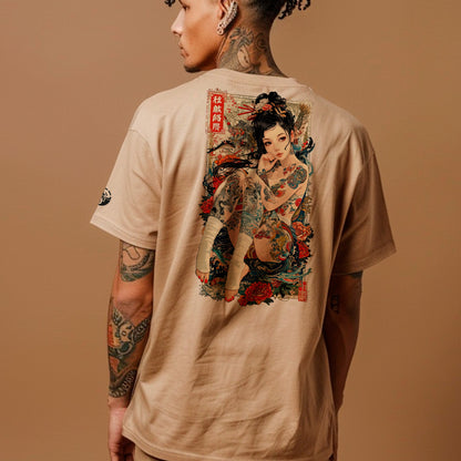 model wearing khaki Irezumi Oversized faded t-shirt (back print)