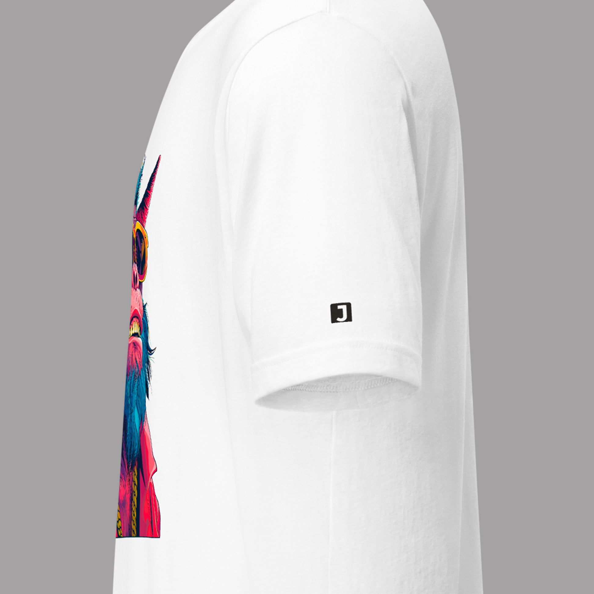 closeup of left sleeve logo on a white Satan's Simian Unisex t-shirt