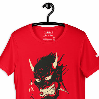 closeup of Oni no Kao Unisex t-shirt on a hanger