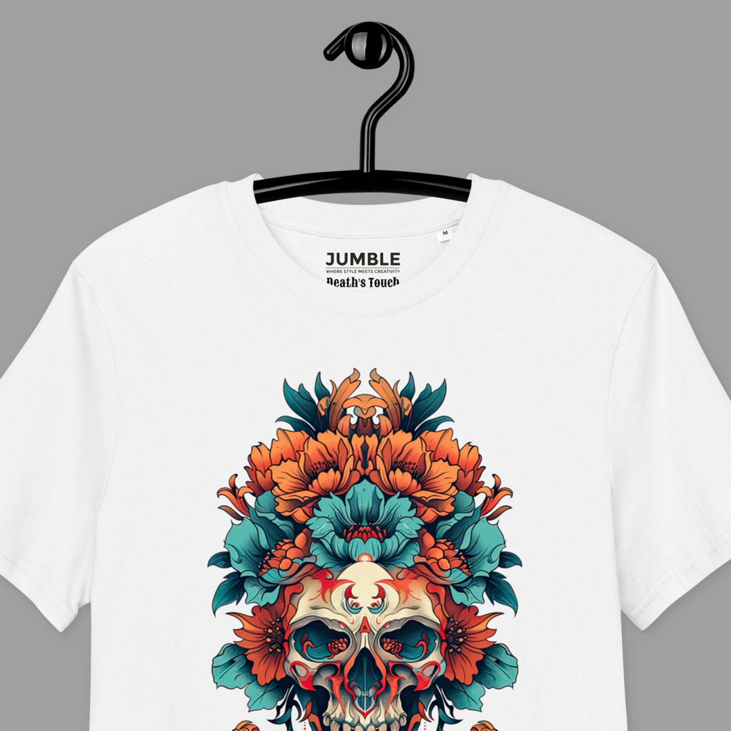 closeup of Death's Touch Premium Unisex organic cotton t-shirt on a hanger