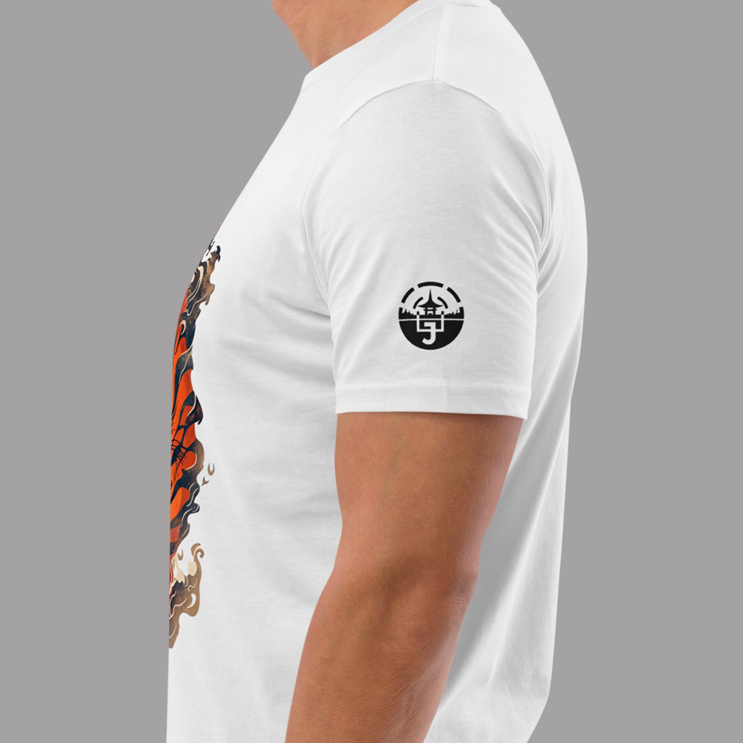 sleeve logo on a white Tora 虎 Premium organic cotton t-shirt