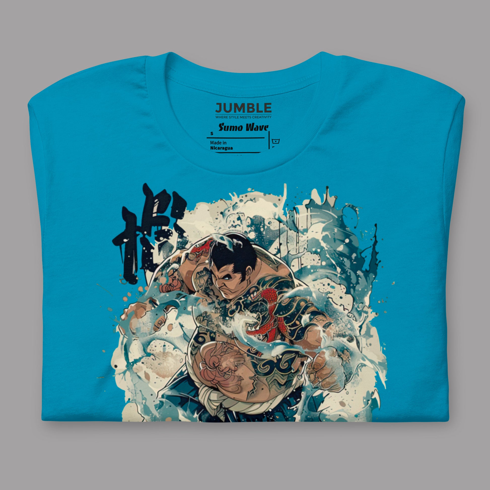 folded Sumo Wave Unisex t-shirt in aqua 