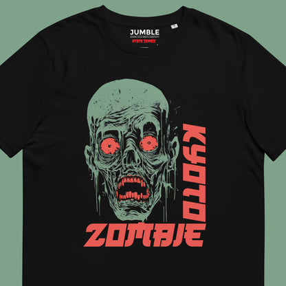 closeup of black Kyoto Zombie Unisex organic cotton t-shirt