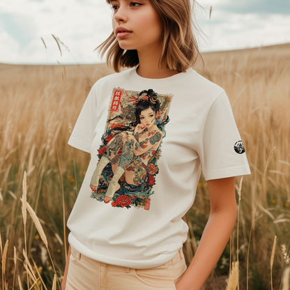 female model wearing sort cream Irezumi Unisex T-Shirt