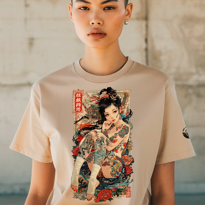 female model wearing heather dust Irezumi Unisex T-Shirt