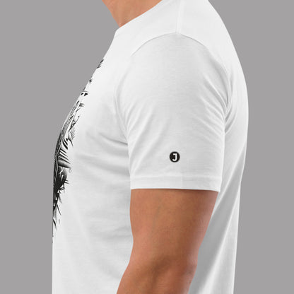 left sleeve logo on a white Tā Moko Rhino Premium Unisex organic cotton t-shirt