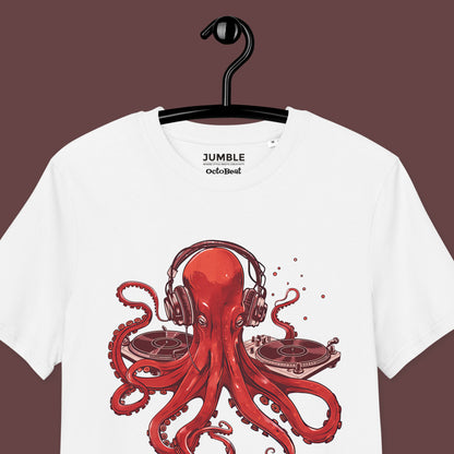 closeup of white OctoBeat Premium Unisex organic cotton t-shirt on a hanger