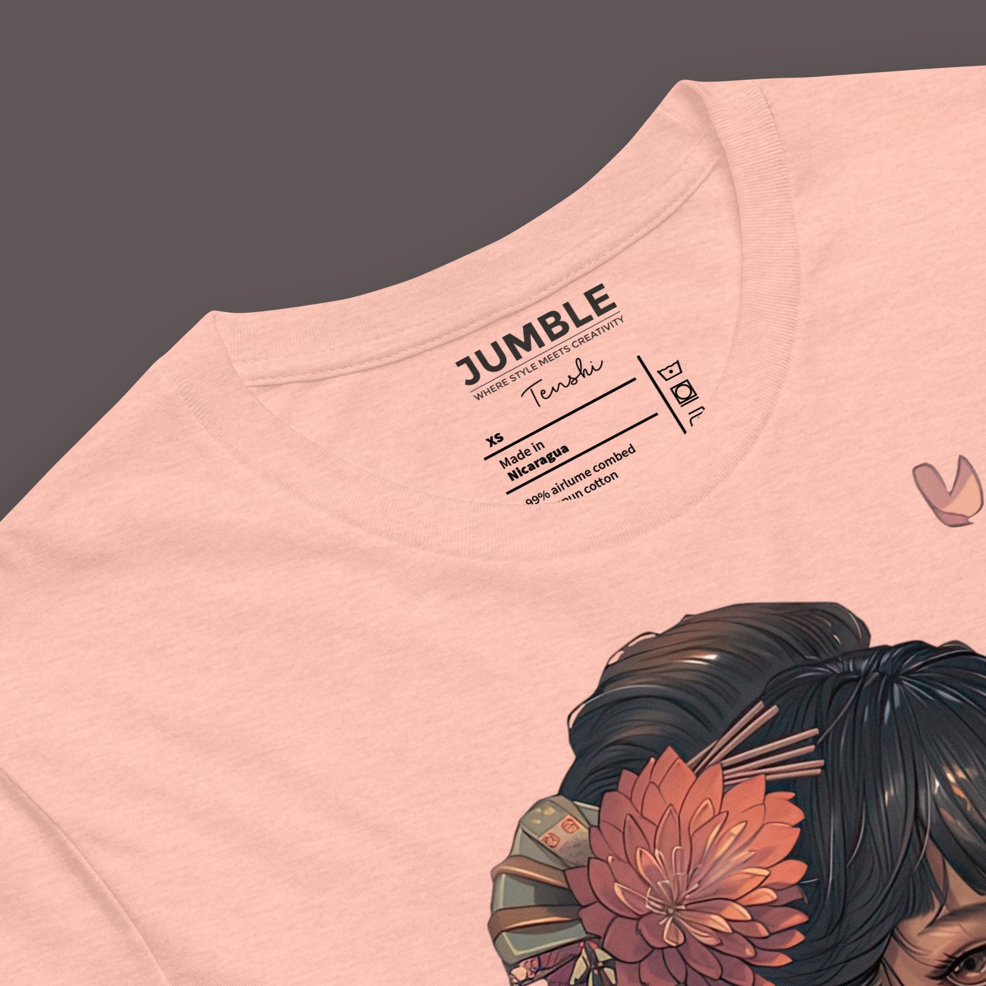 closeup of label on peach Tenshi (天使) Unisex t-shirt