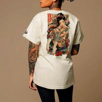 model in faded bone Irezumi Oversized faded t-shirt (back print)