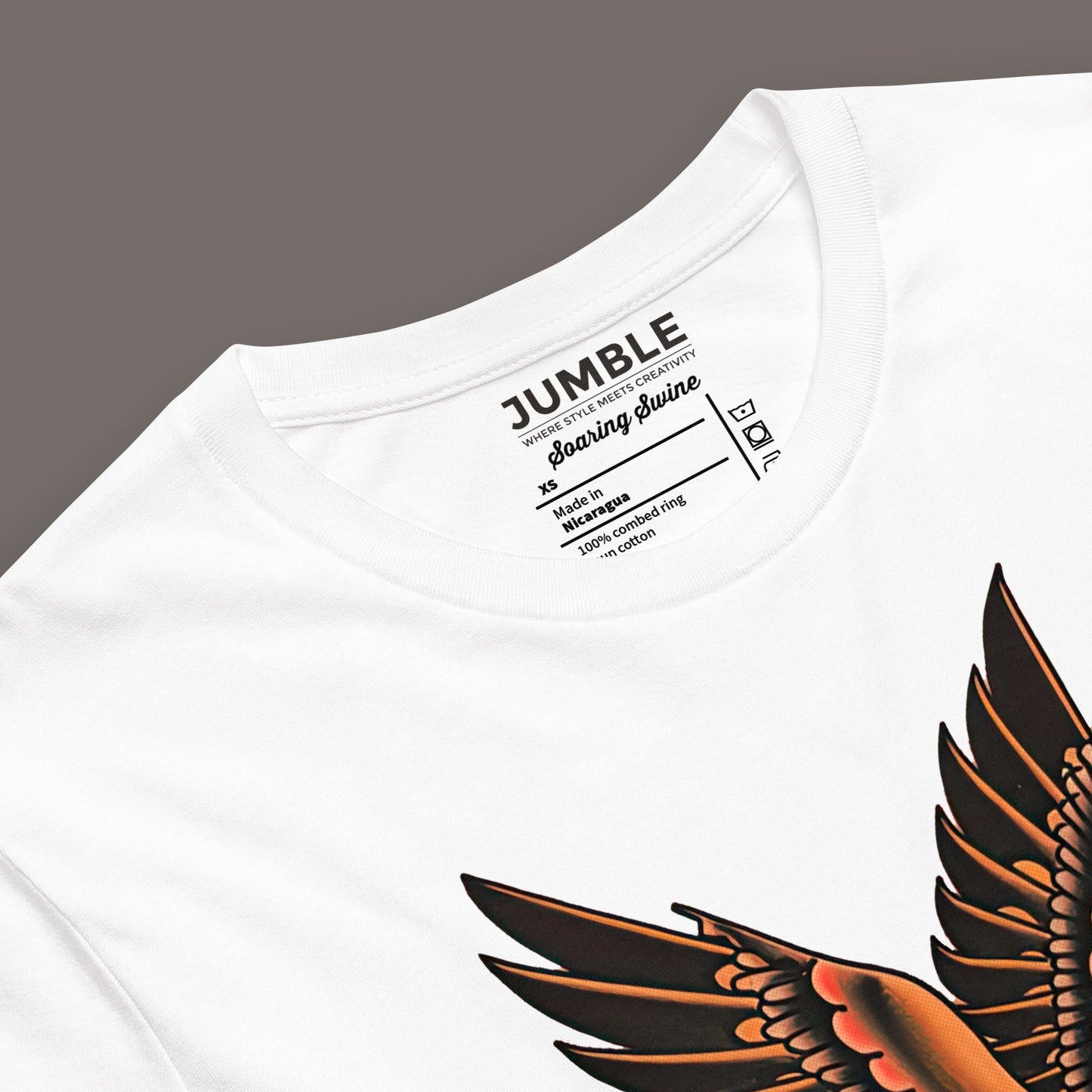 label on white cream Soaring Swine Unisex t-shirtite