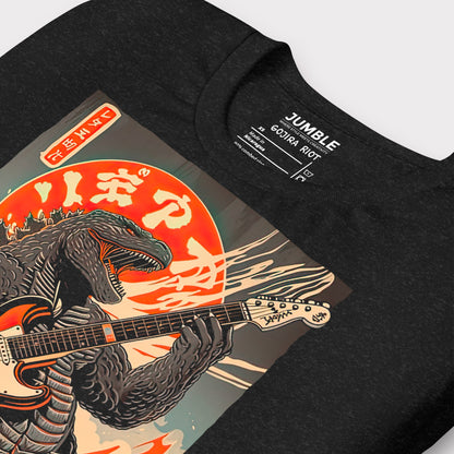 closeup of a folded black heather Gojira Riot Unisex t-shirt