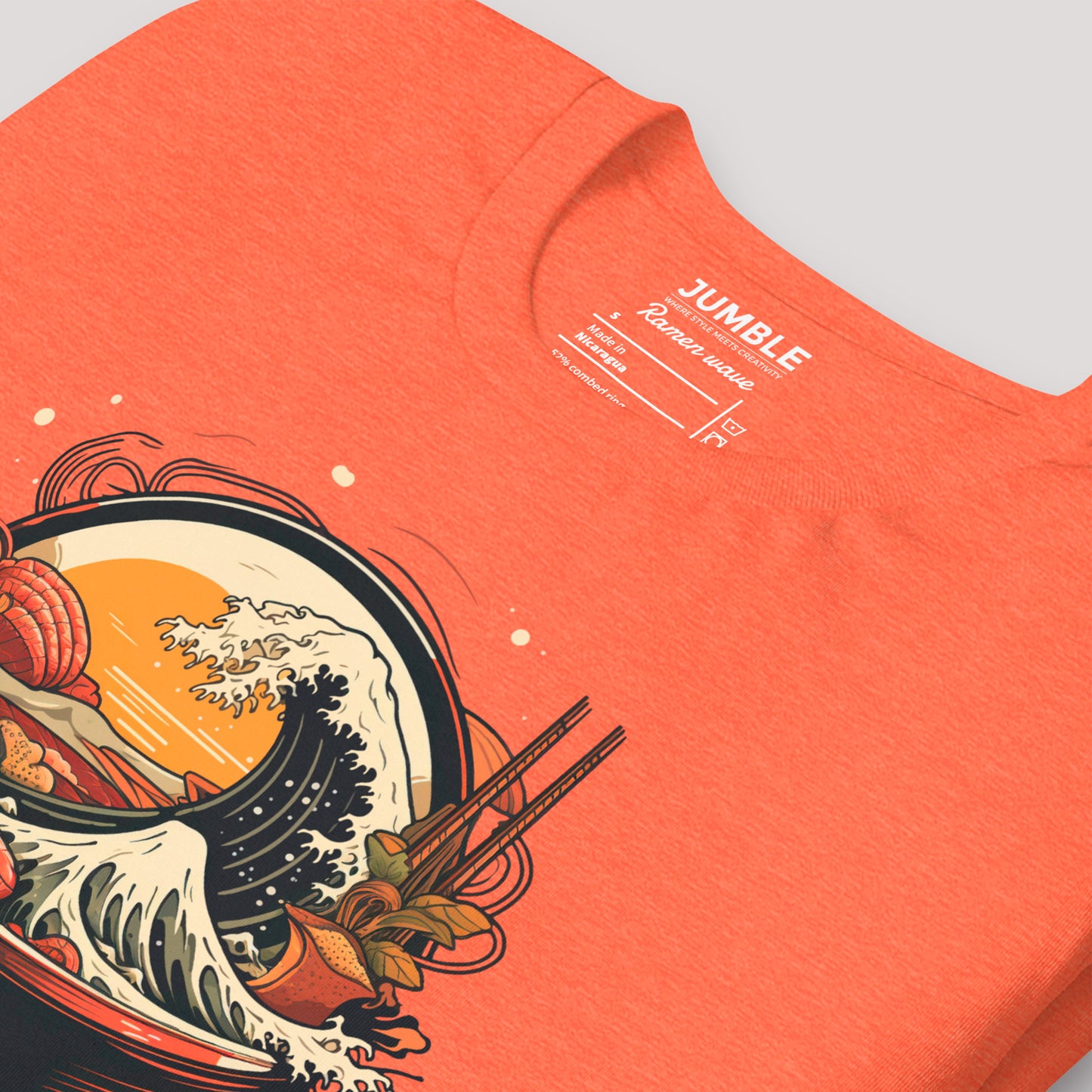closeup of a heather orange Ramen Wave Unisex t-shirt 
