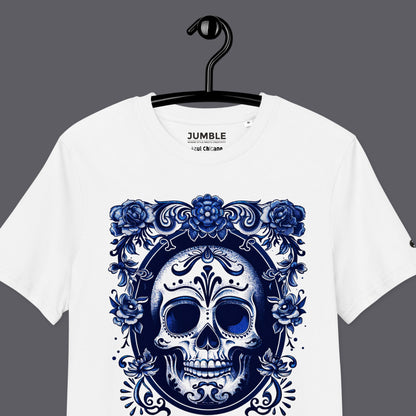 closeup of Azul Chicano Premium Unisex organic cotton t-shirt on a hanger