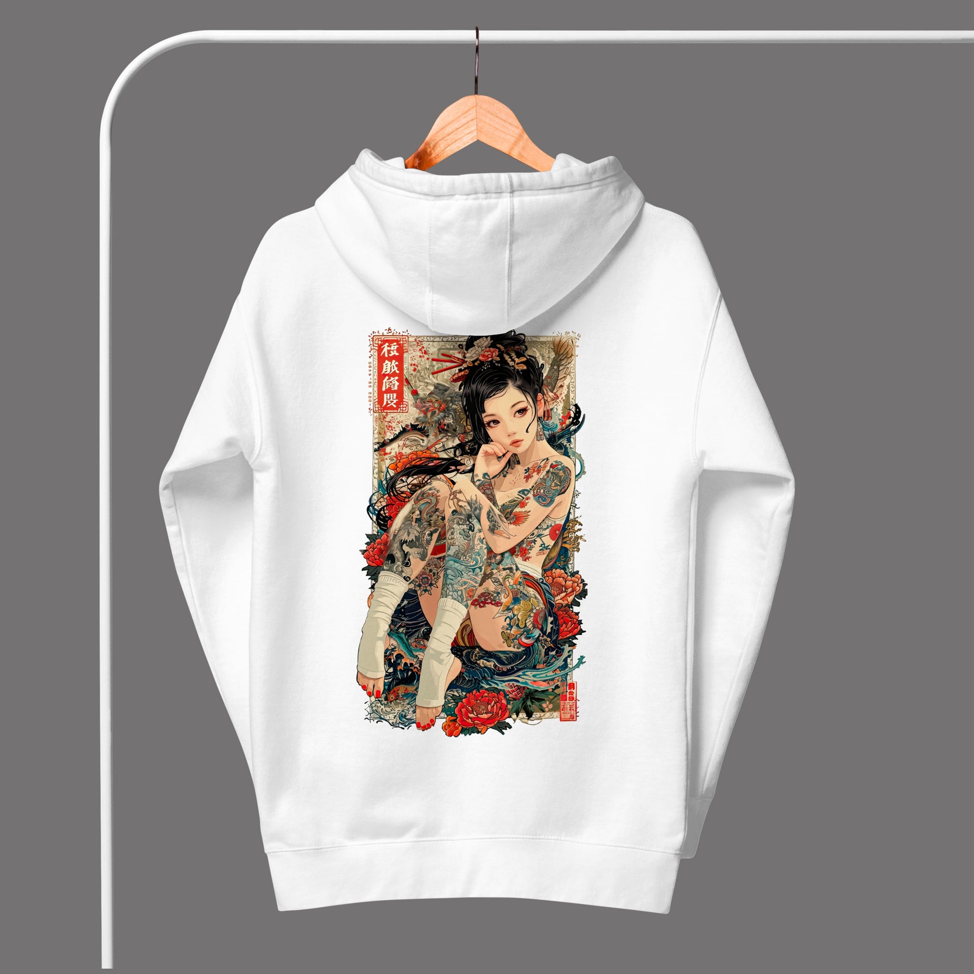 back view of white Irezumi Unisex Premium Hoodie | Cotton Heritage on a hanger