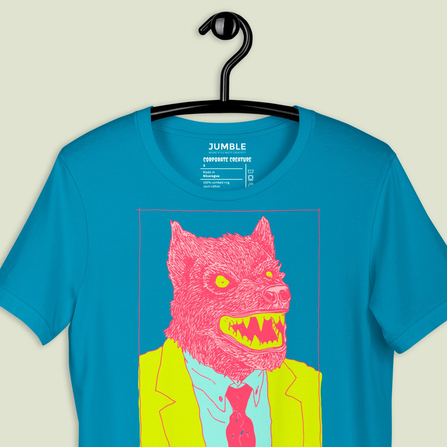 closeup of Corporate Creature Unisex t-shirt on a hanger