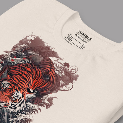 closeup of  a folded heather dust Crimson Roar Unisex t-shirt