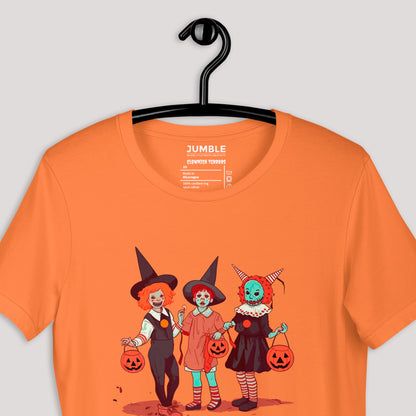 closeup of burnt orange Clownish Terrors Unisex t-shirt on a hanger