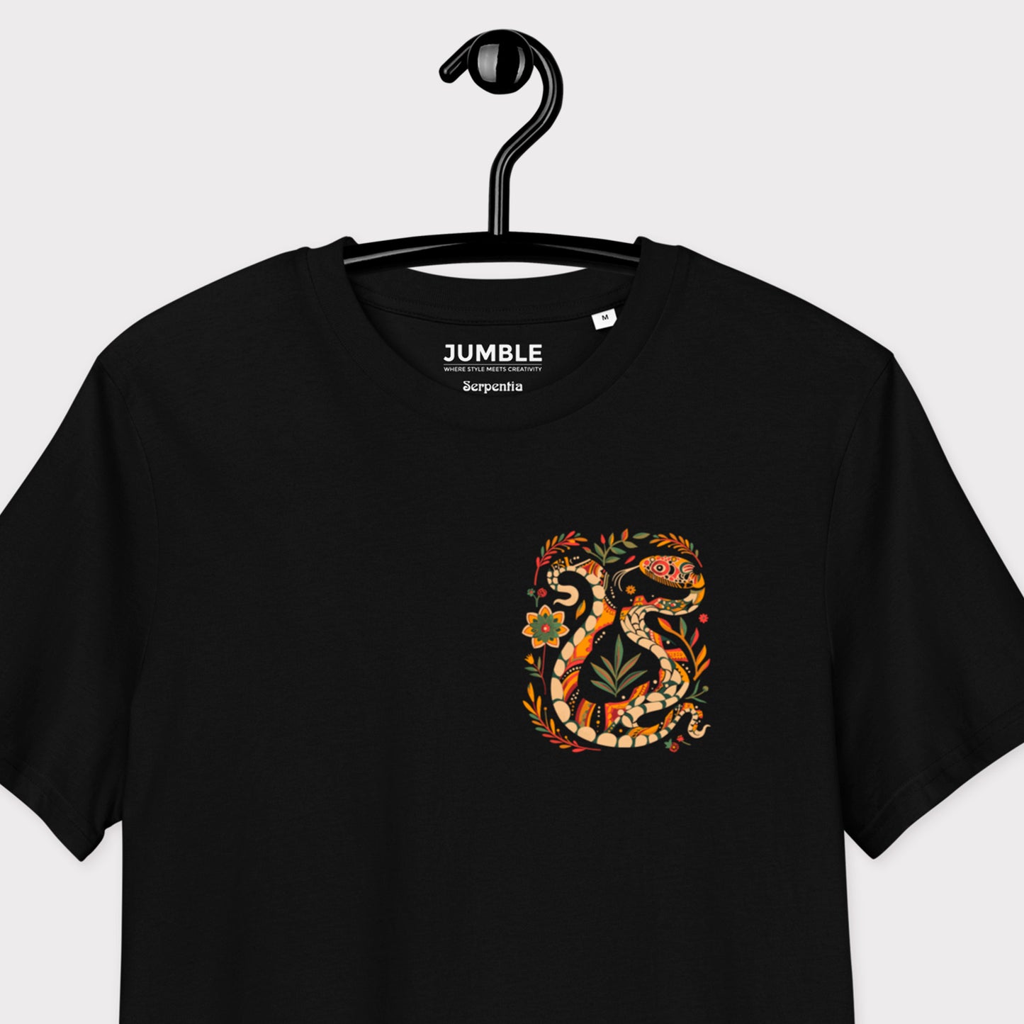 closeup of Serpentia Premium Unisex organic cotton t-shirt o hanger
