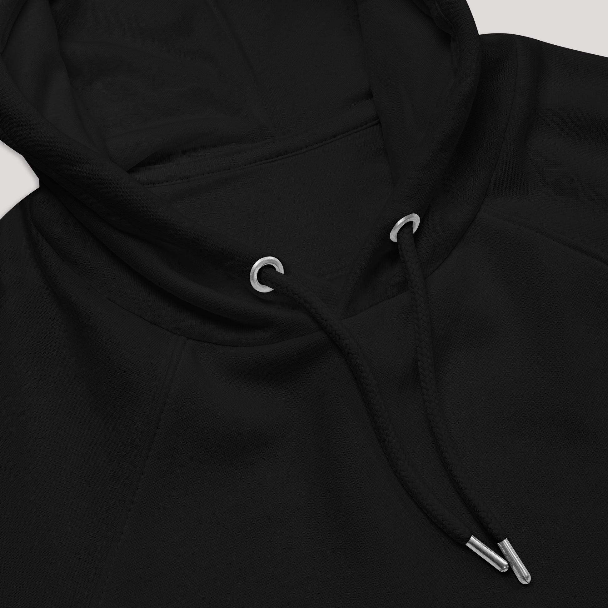 close hood detail on Rising Ember Unisex organic raglan hoodie