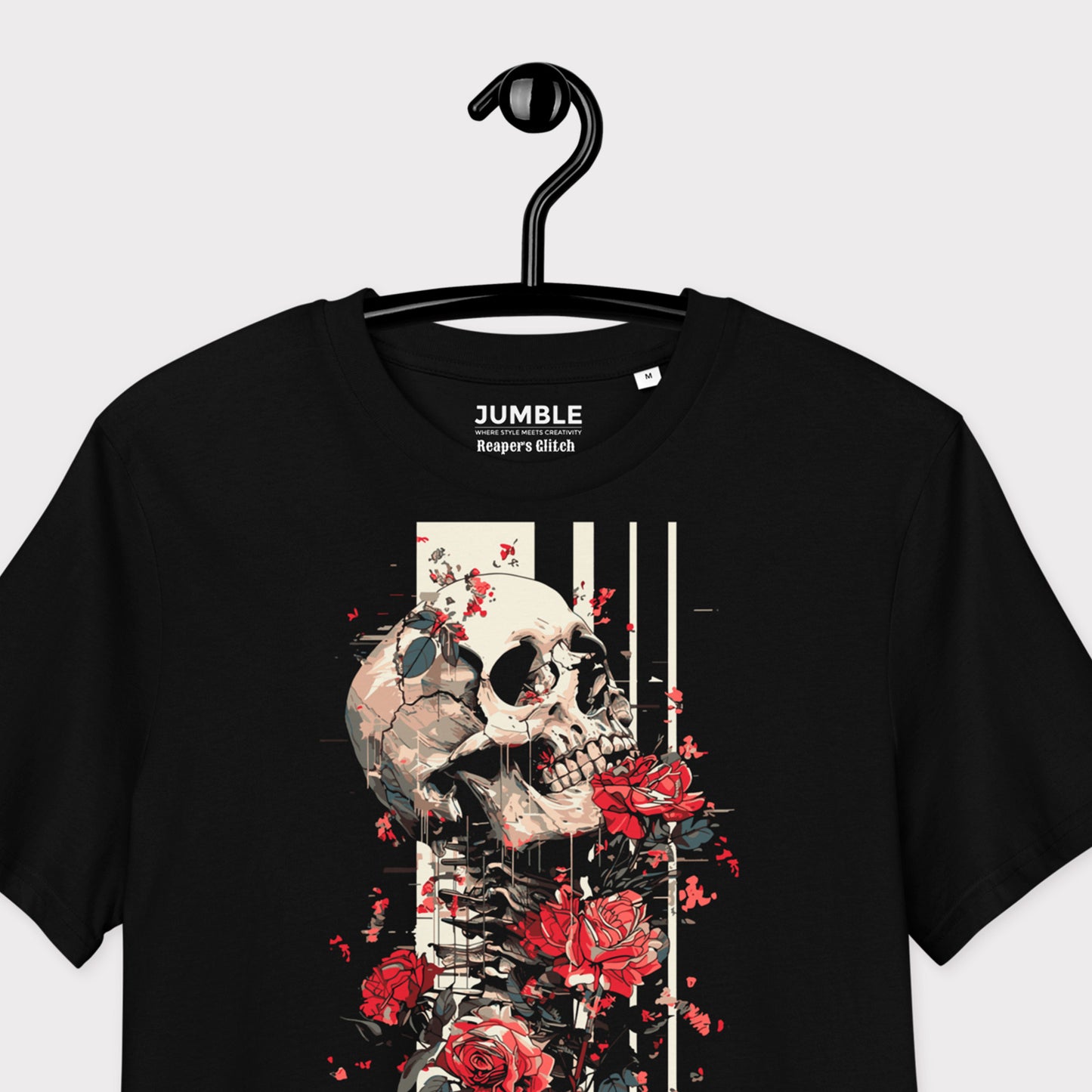 closeup of Reaper's Glitch Premium Unisex organic cotton t-shirt on a hanger