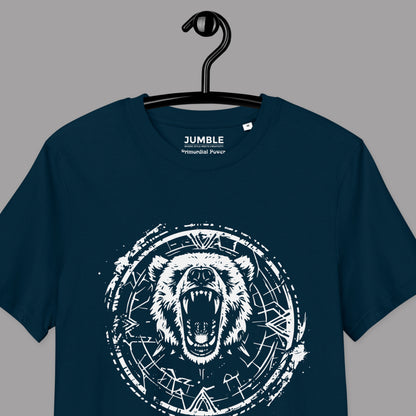 closeup of french navy Primordial Power Premium Unisex organic cotton t-shirt on a hanger