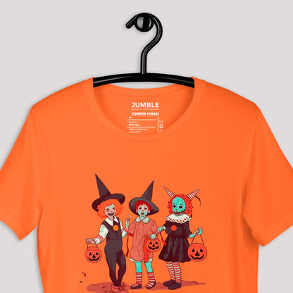 closeup pf orange Clownish Terrors Unisex t-shirt on a hanger