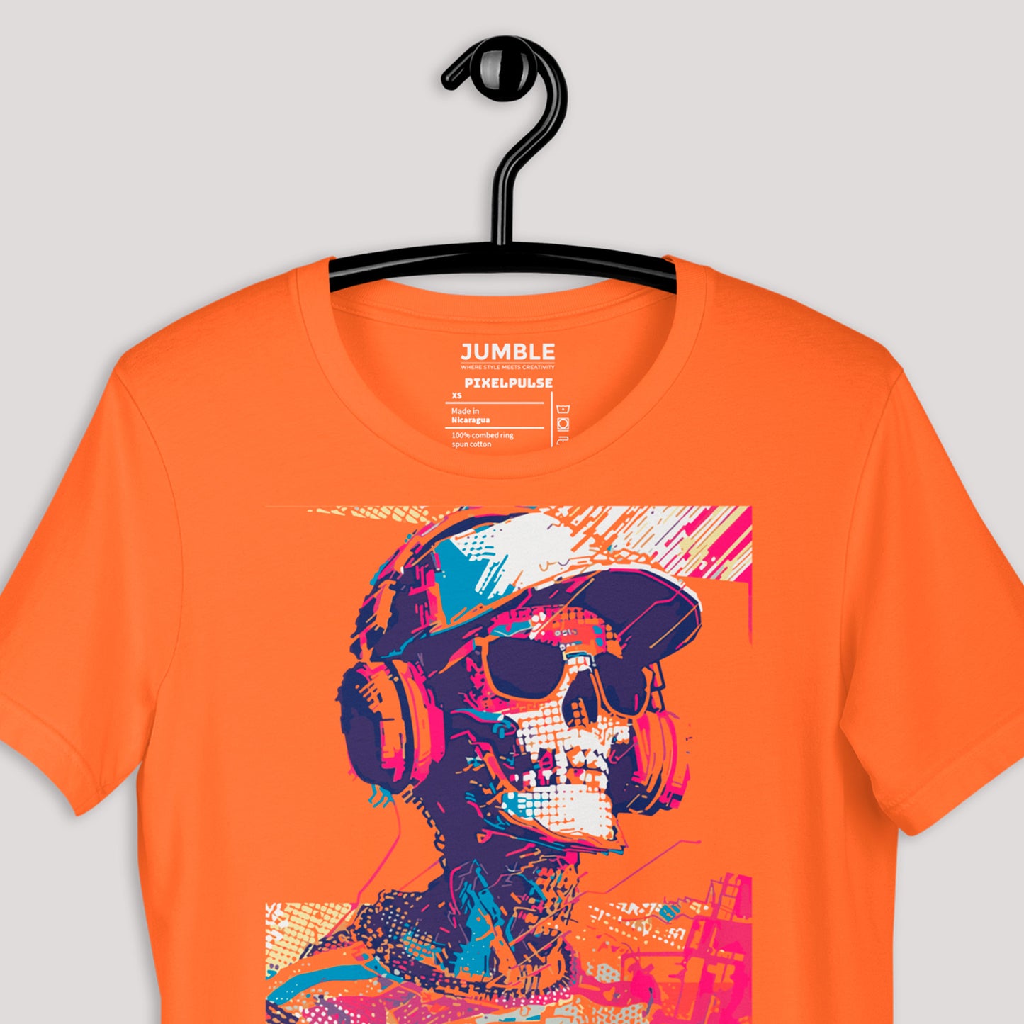closeup of orange PixelPulse Unisex t-shirt on a hanger
