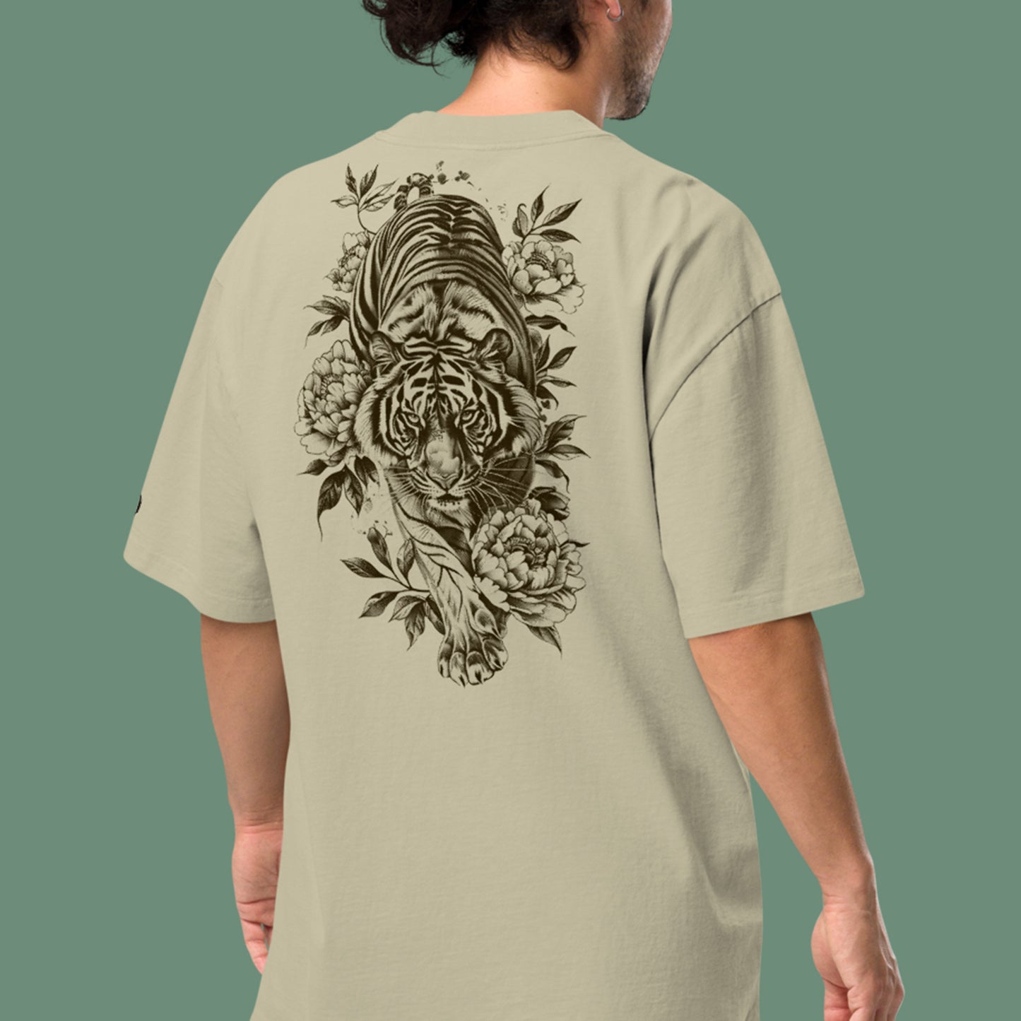 back view of model wearing eucalyptos Savage Bloom Oversized faded t-shirt (back print)