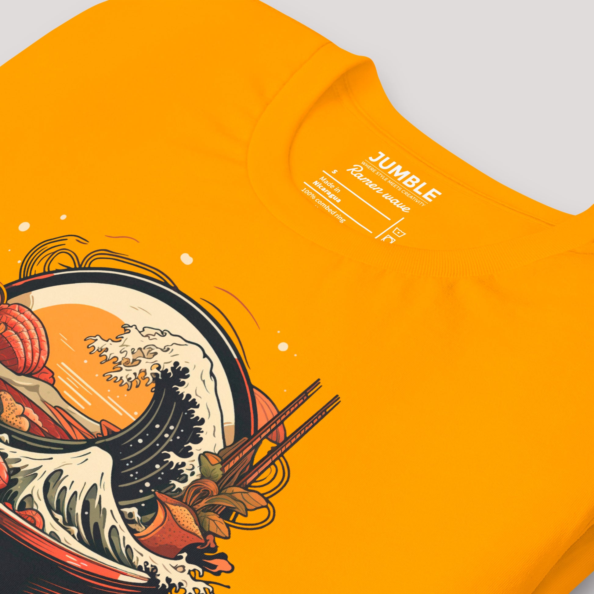 closeup of a mustard Ramen Wave Unisex t-shirt 