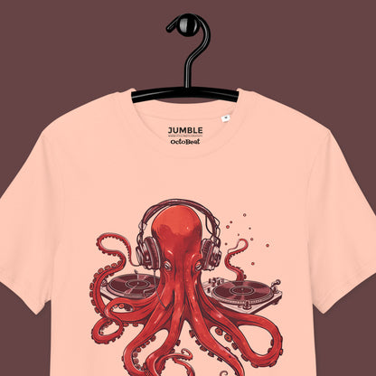 closeup of peach OctoBeat Premium Unisex organic cotton t-shirt