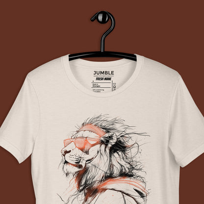 closeup of Fresh Mane Unisex t-shirt on a hanger