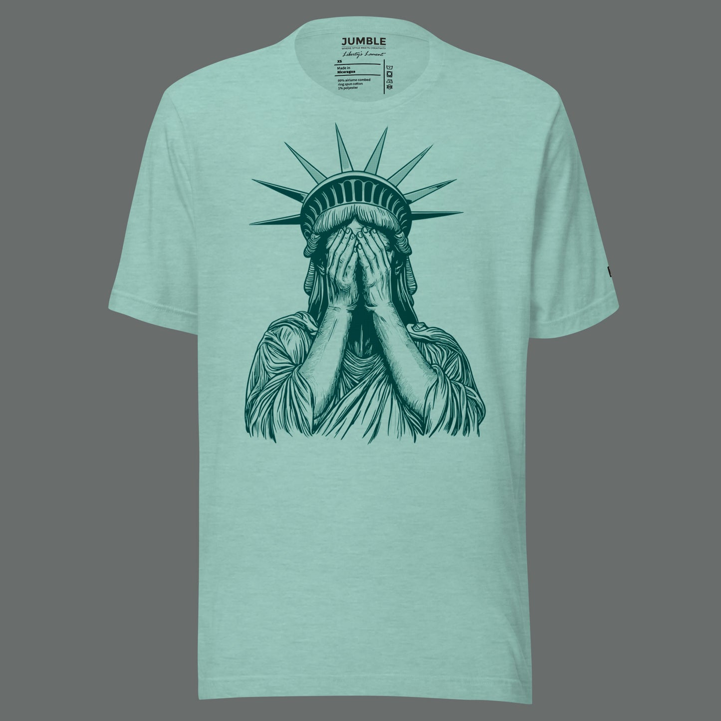 left sleeve on heather prism blue Liberty’s Lament Unisex t-shirt