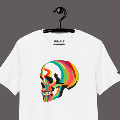 closeup of white Rainbow Remains Premium Unisex organic cotton t-shirt on hanger