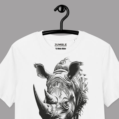 closeup of white Tā Moko Rhino Premium Unisex organic cotton t-shirt on a hanger