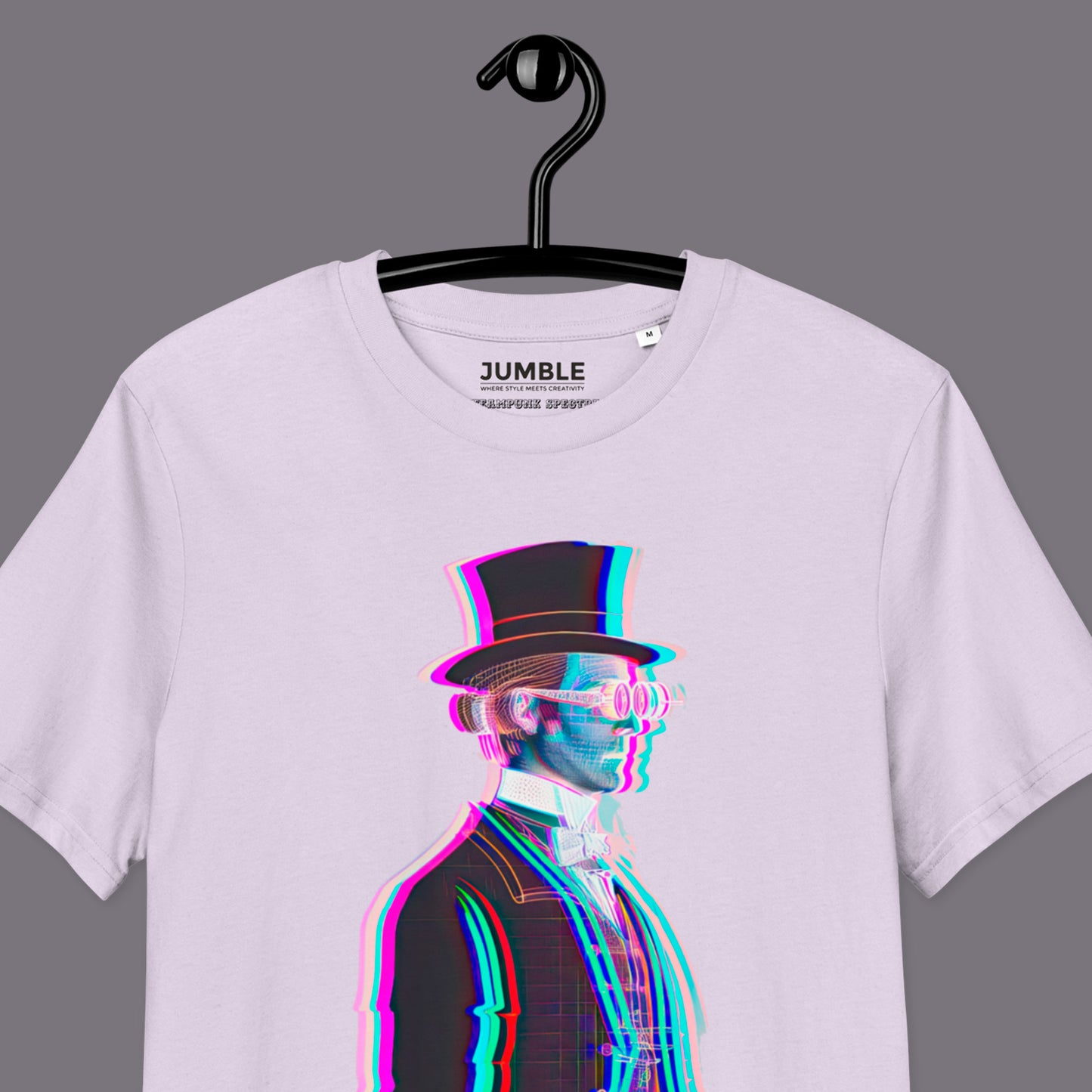 closeup laveneder Steampunk Spectre Premium Unisex organic cotton t-shirt on hanger