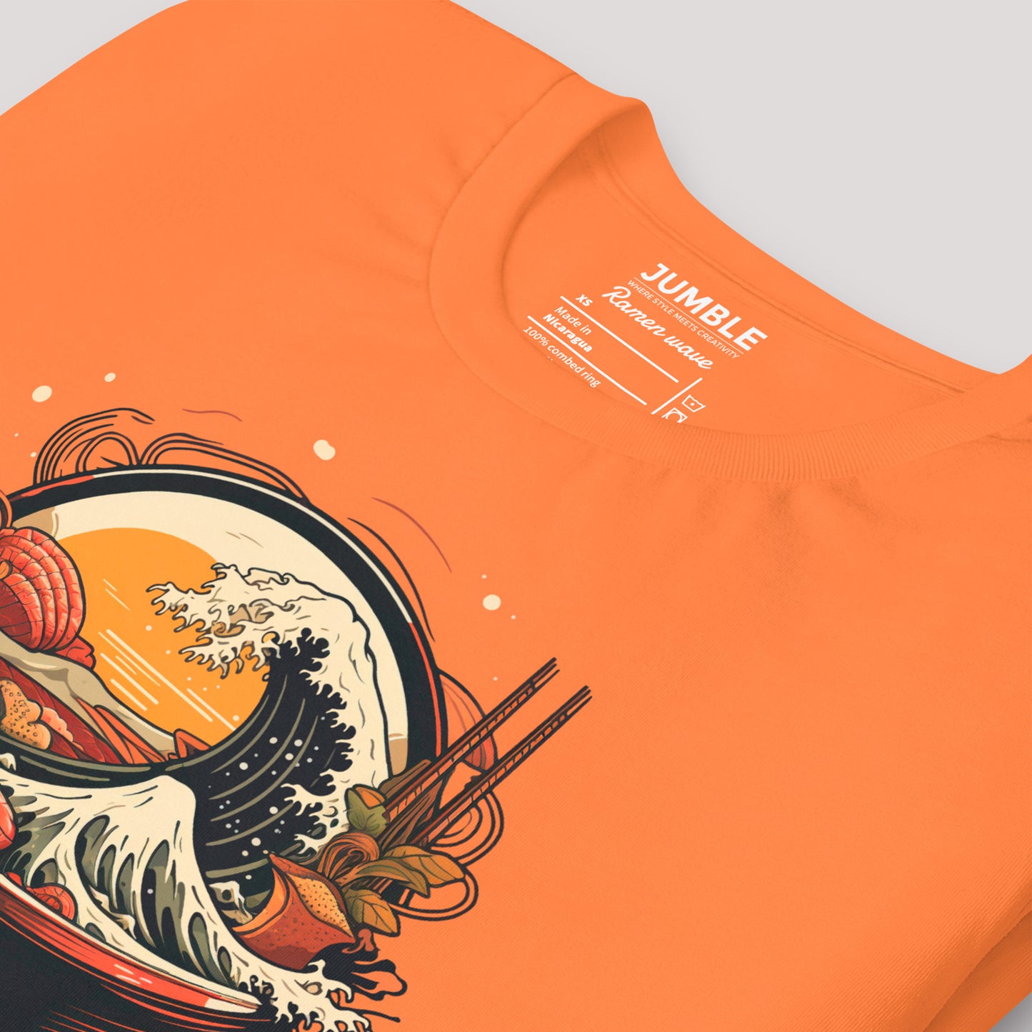 closeup of a burnt orange Ramen Wave Unisex t-shirt 