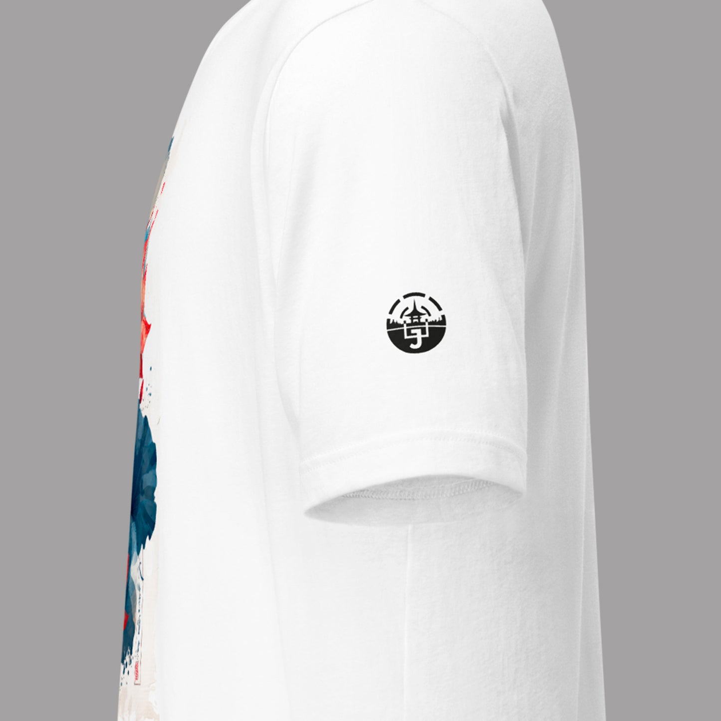 left sleeve logo on a white Aka Shu Ren Unisex t-shirt