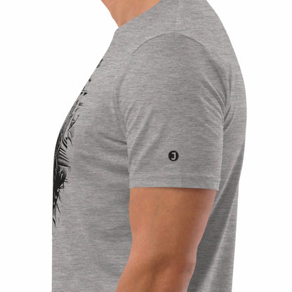 left sleeve logo on a heather grey Tā Moko Rhino Premium Unisex organic cotton t-shirt