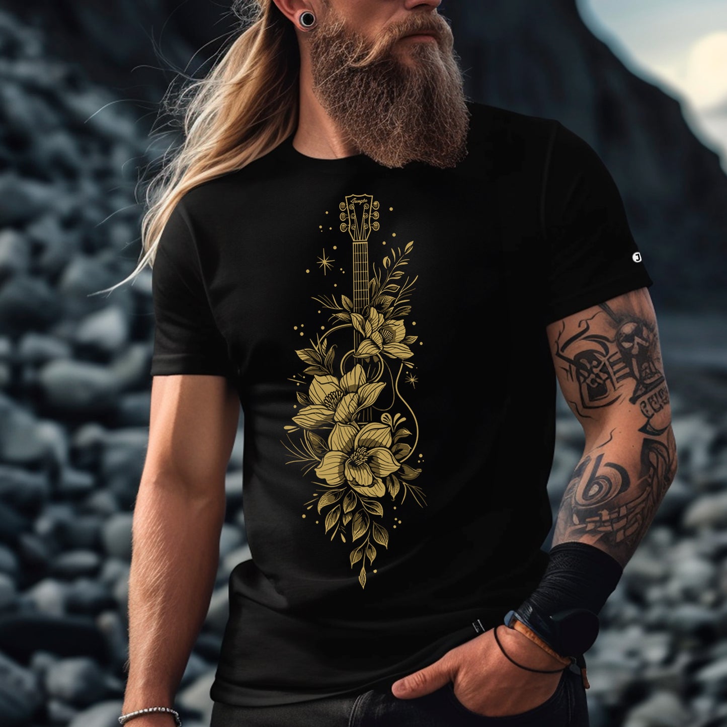 male model wearing Golden Serenade Unisex organic cotton t-shirt