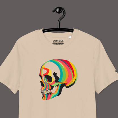 closeup of desert dust Rainbow Remains Premium Unisex organic cotton t-shirt on a hanger