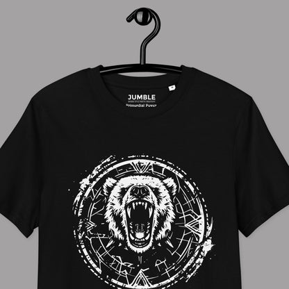 closeup of black Primordial Power Premium Unisex organic cotton t-shirt on a hanger