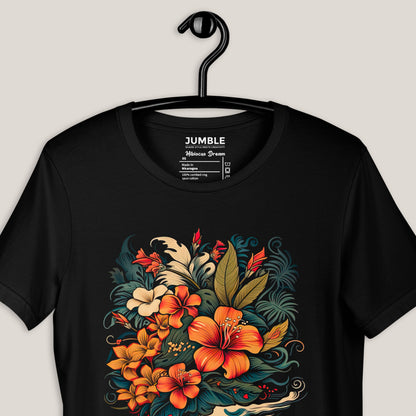 closeup of Hibiscus Dream Unisex t-shirt on a hanger