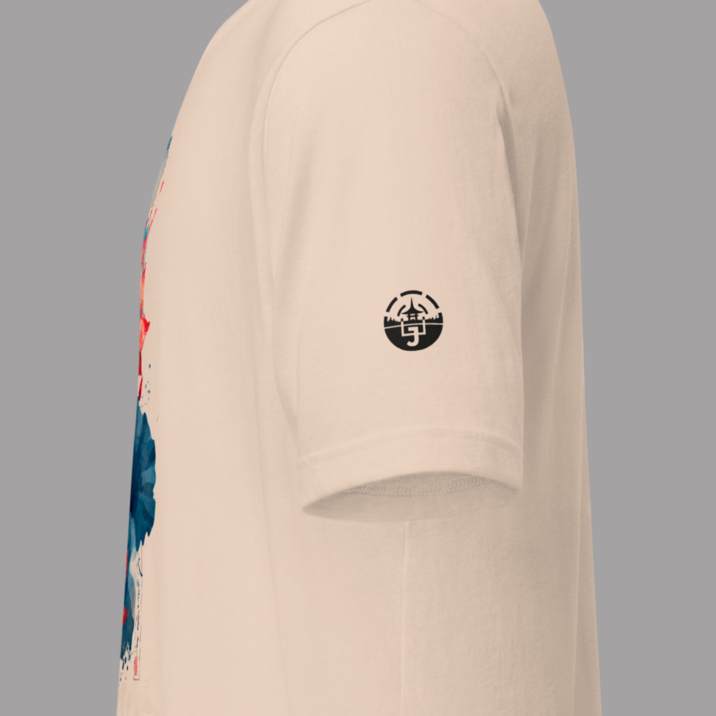left sleeve logo on a soft cream Aka Shu Ren Unisex t-shirt