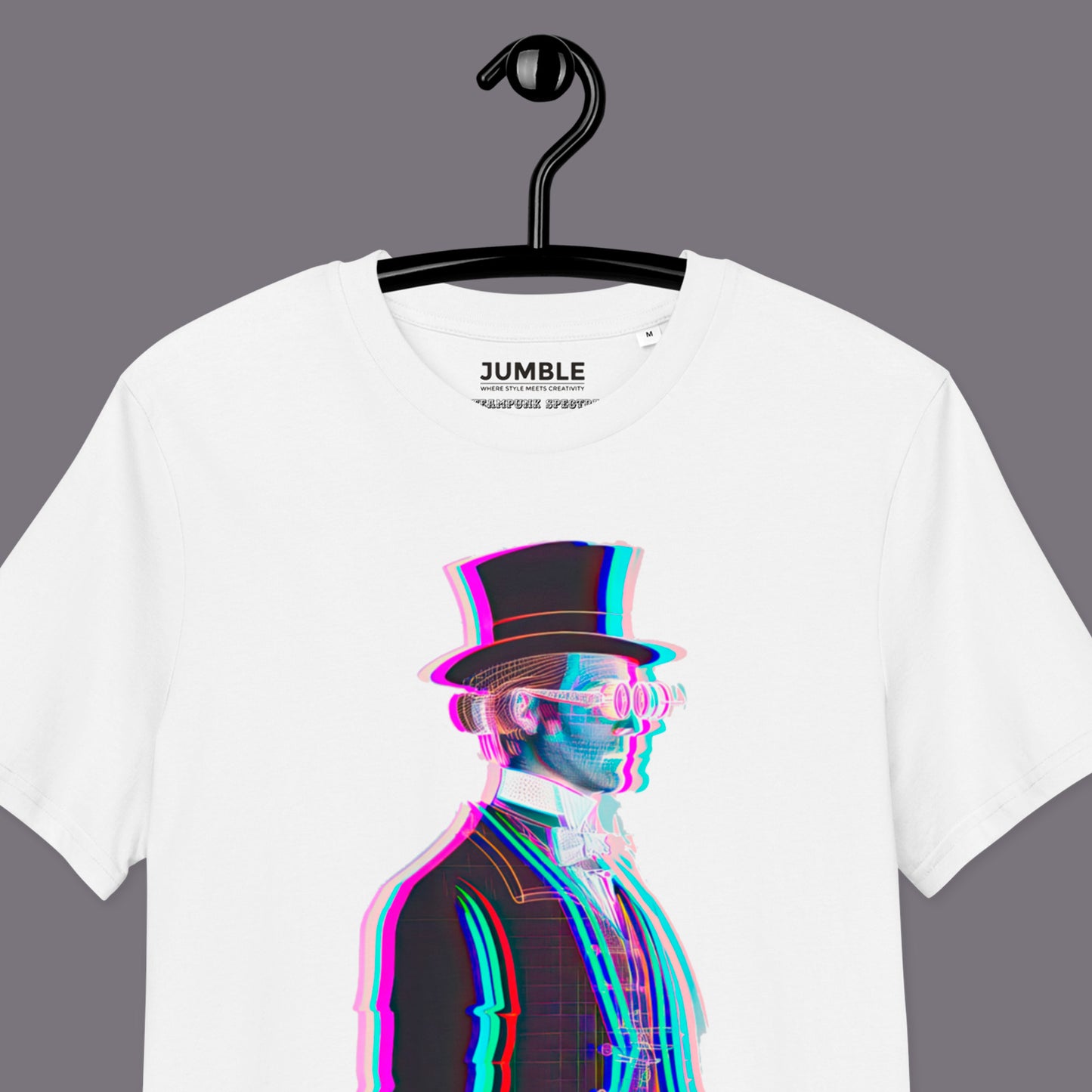 closeup of white Steampunk Spectre Premium Unisex organic cotton t-shirt on a h anger
